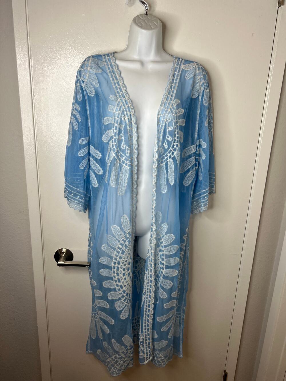 Embroidered Mesh Swimsuit Cover Up Blue White ~ One Size